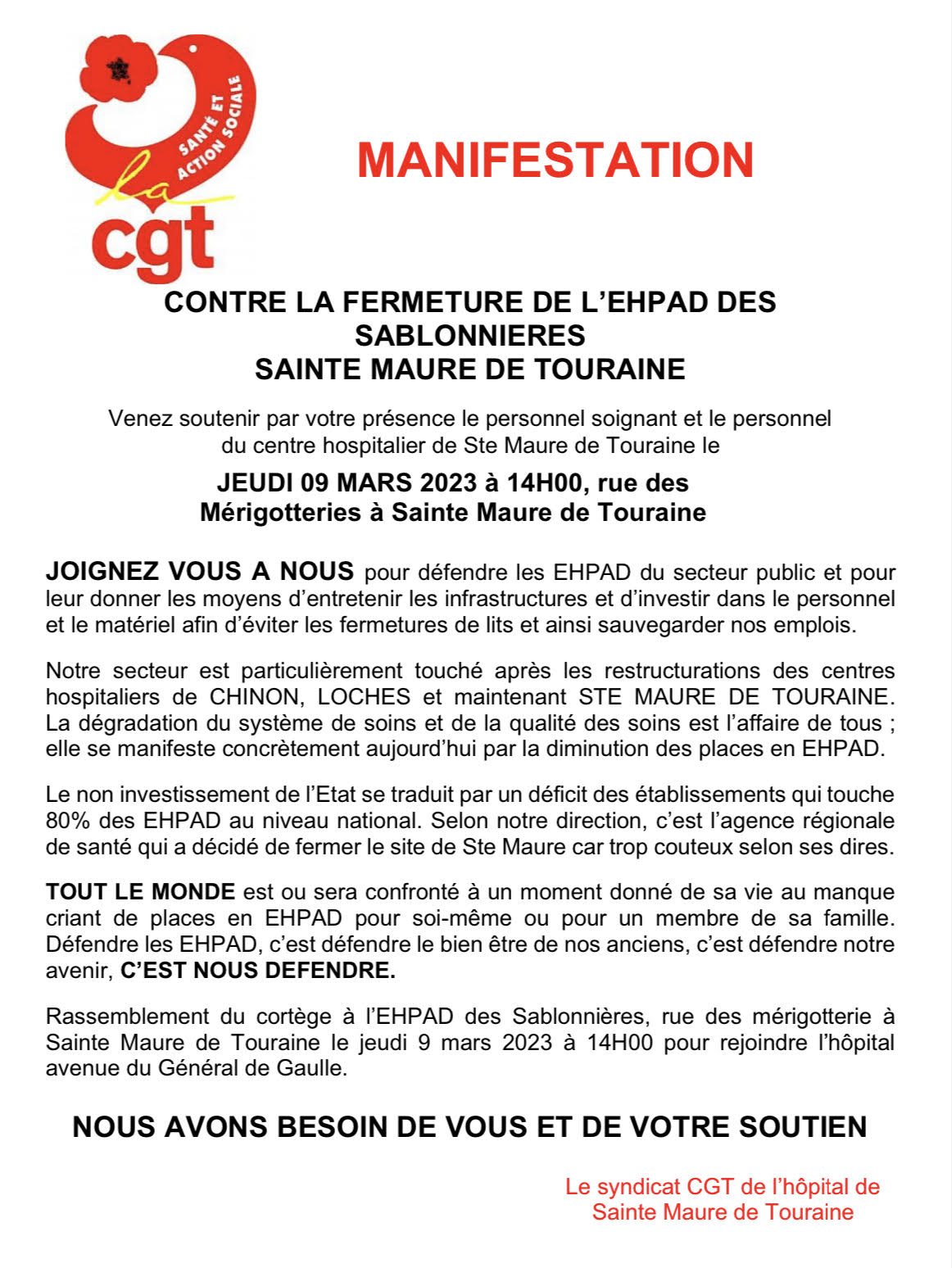 manifestation CH Ste Maure 9 mars 2023
